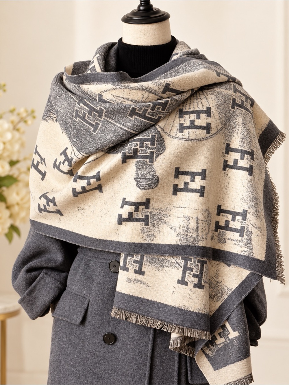 NWT Luxury Monogram Fringe Wrap Scarf - Jacquard Faux Cashmere Unbranded.